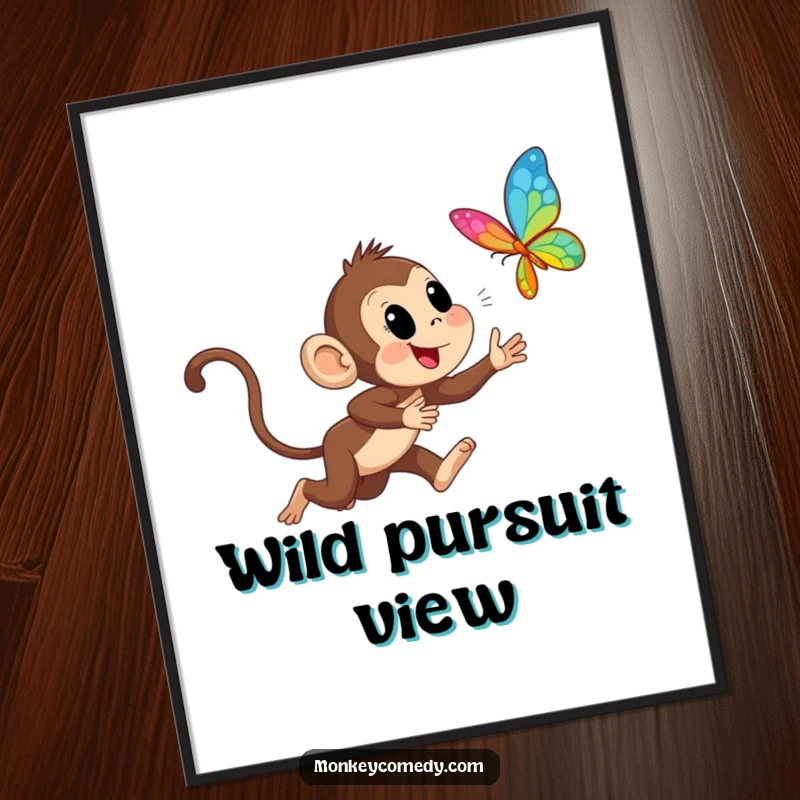 Funny Monkey Chasing Butterfly Digital Art Print: High-resolution art of an excited monkey chasing a butterfly, perfect for instant, joyful home decor.