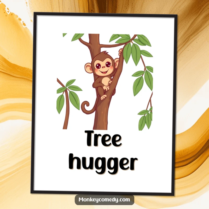 Funny Monkey Digital Art Print: a determined primate climbing a thin tree, conveying ambition and humor.