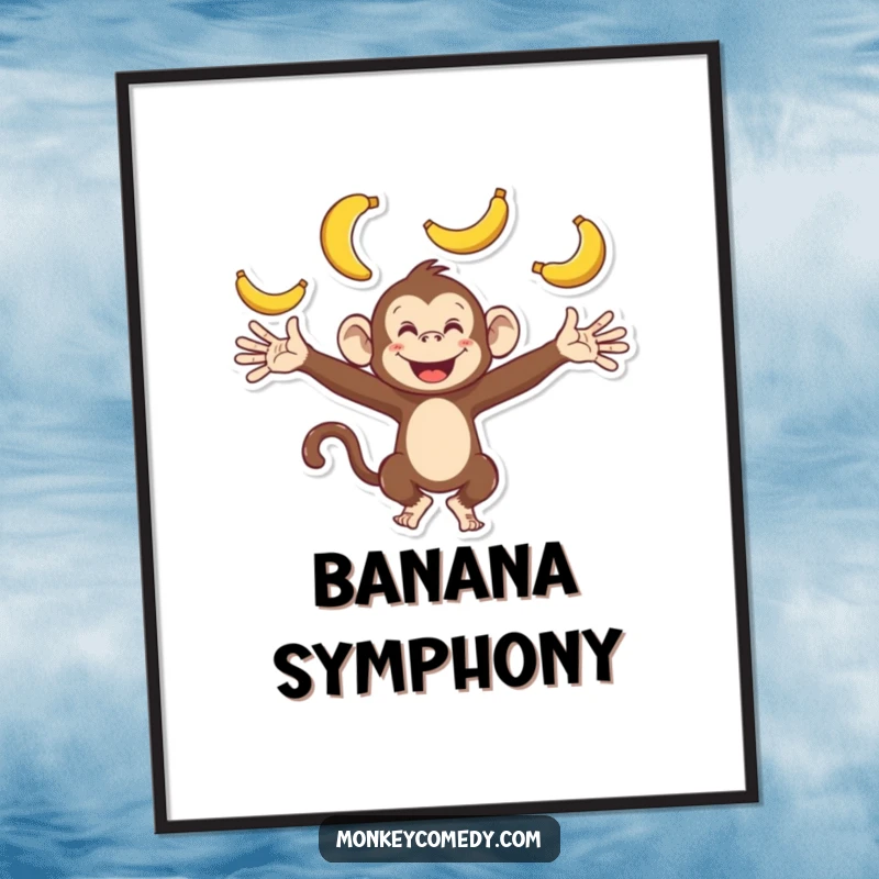 Funny monkey digital art print showing a playful character with outstretched arms, enthusiastically juggling bananas, perfect for printable decor.