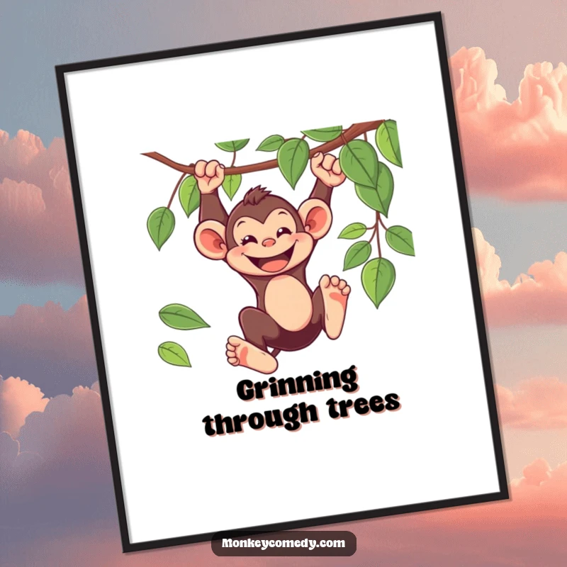 Funny Digital Art Print: A playful monkey swings from a vine with a wide, joyful grin, full of energy.