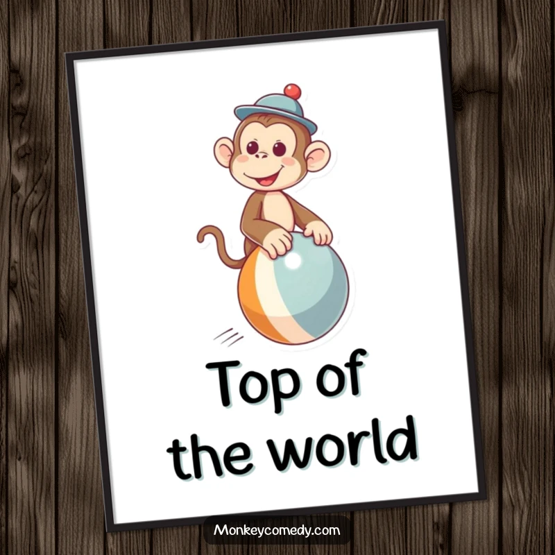 Funny digital art print of a playful monkey in a hat riding a bouncing ball, perfect for vibrant, humorous decor.