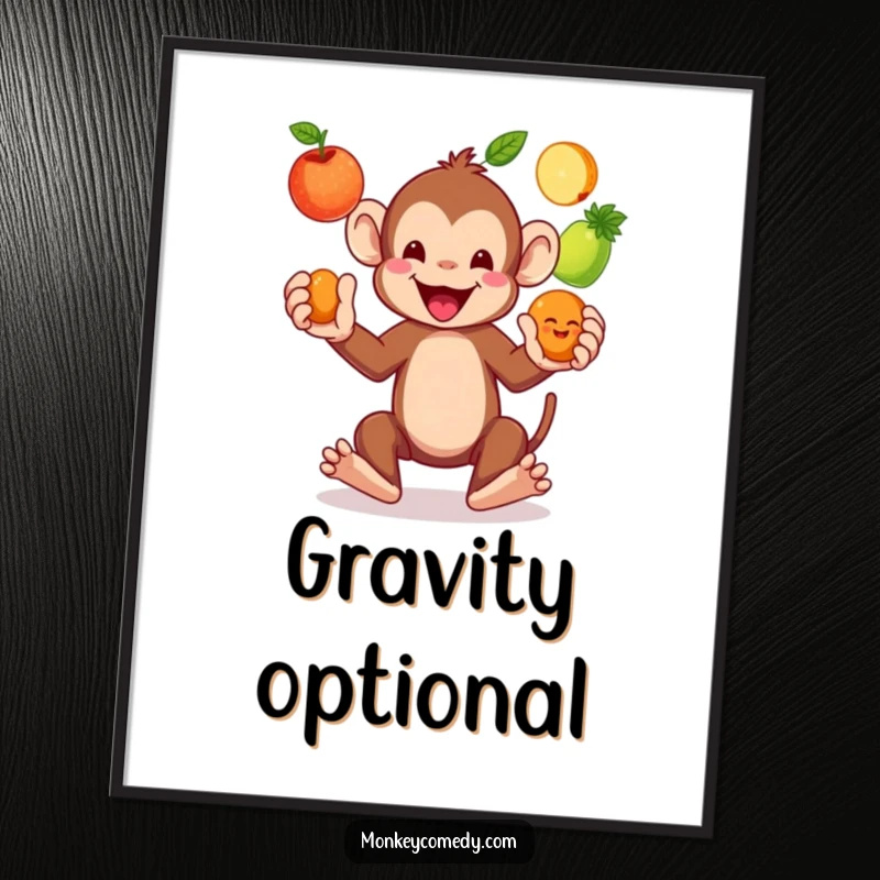 Funny Monkey Juggling Fruits Digital Art: A lively monkey artistically juggles colorful fruits, creating a downloadable piece of humorous wall decor.