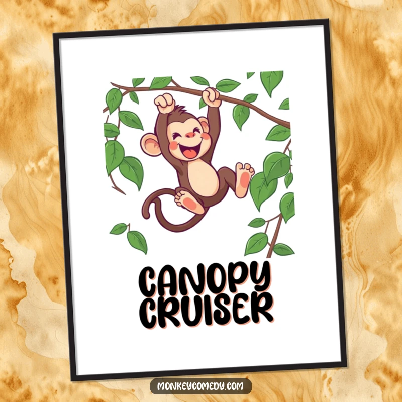 Funny monkey digital art print of an enthusiastic monkey swinging from a vine, perfect for instant, wild jungle decor.