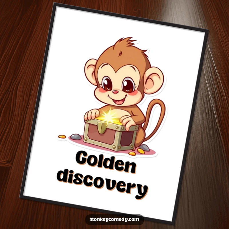 Funny digital art print of a monkey joyfully discovering a shimmering treasure chest, ideal for wall decor.