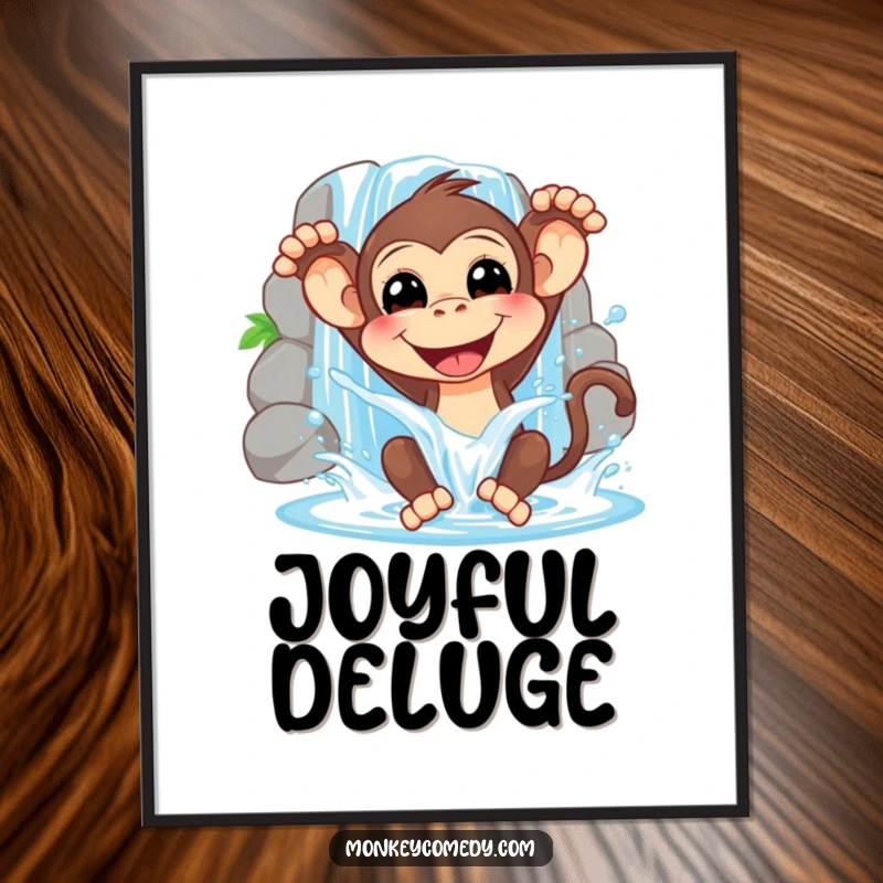 Funny digital art print of a joyful monkey gleefully splashing water from a waterfall, perfect for adding a refreshing and humorous vibe.