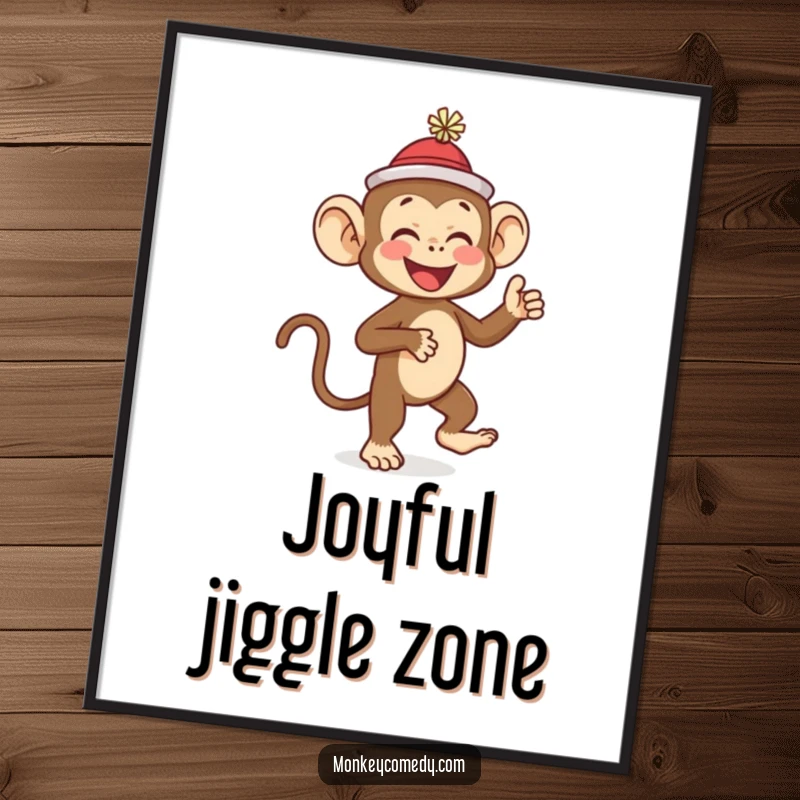 Funny monkey wearing a tiny hat, giggling hysterically while dancing, available as an instant download funny digital art print gift.