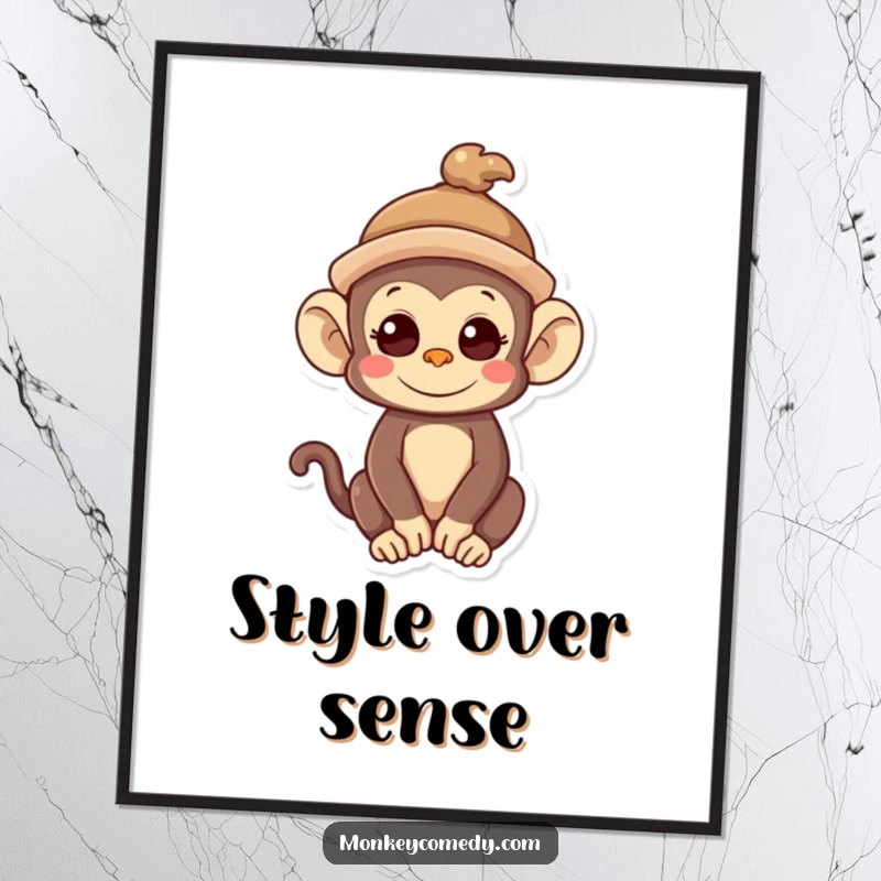 Funny Kawaii Monkey Digital Art Print: A cute monkey wears a crooked hat, offering instant quirky charm and humor.