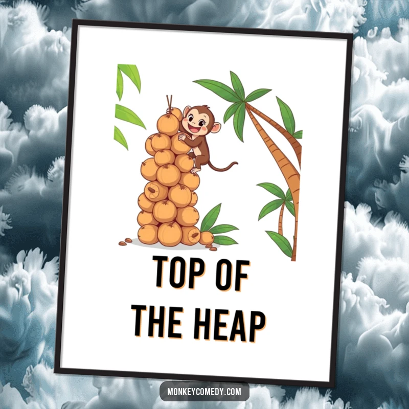 Funny digital art print of a determined monkey climbing a towering stack of coconuts, perfect for inspiring, humorous decor.