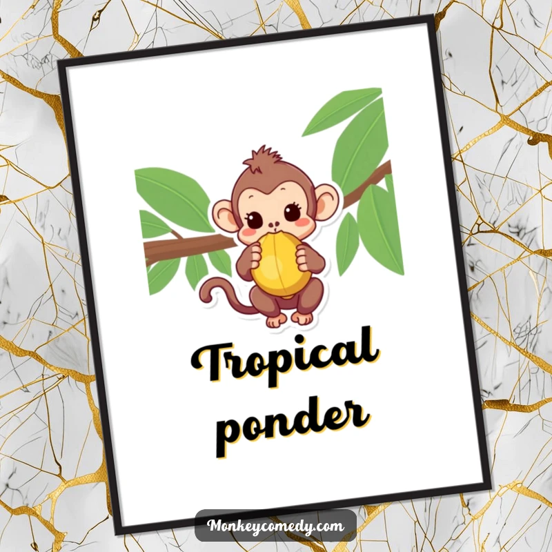 Curious Kawaii Monkey Digital Art Print of a monkey with a coconut, ready for instant download.