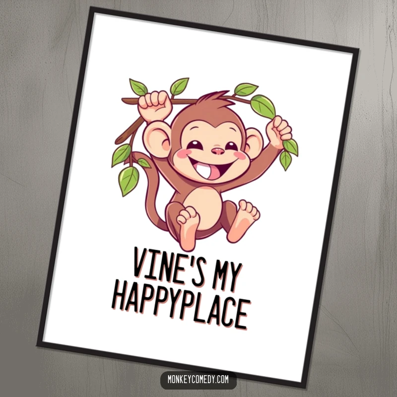 Funny Kawaii Monkey Digital Art Print: A grinning monkey swings energetically on a vine, offering a burst of instant, printable jungle humor.
