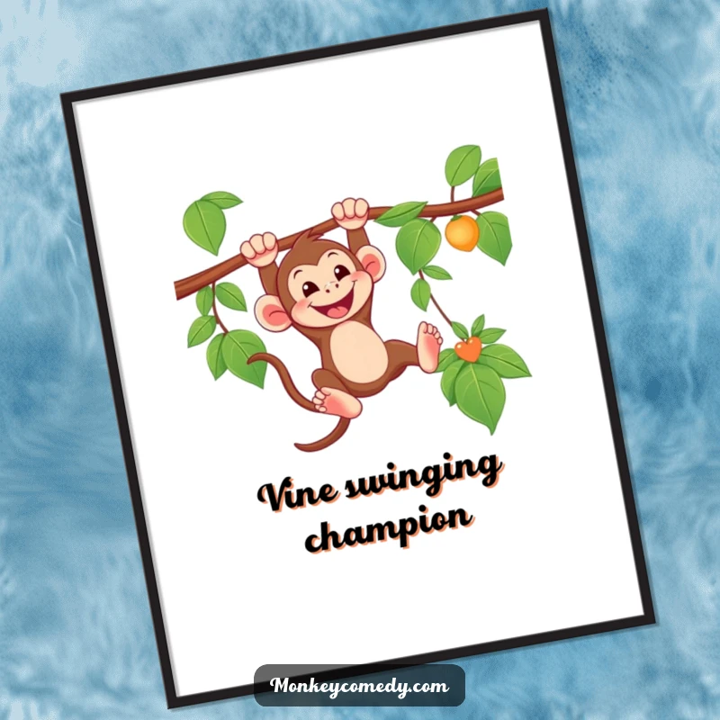 Funny Monkey Digital Art Print of a grinning monkey swinging from a vine, perfect for instant jungle-themed decor.