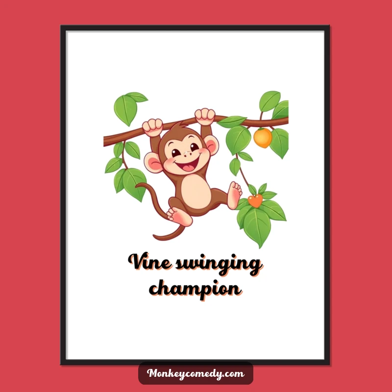 Funny Swinging Monkey Digital Art - Grinning Jungle Print, Instant Humorous Gift