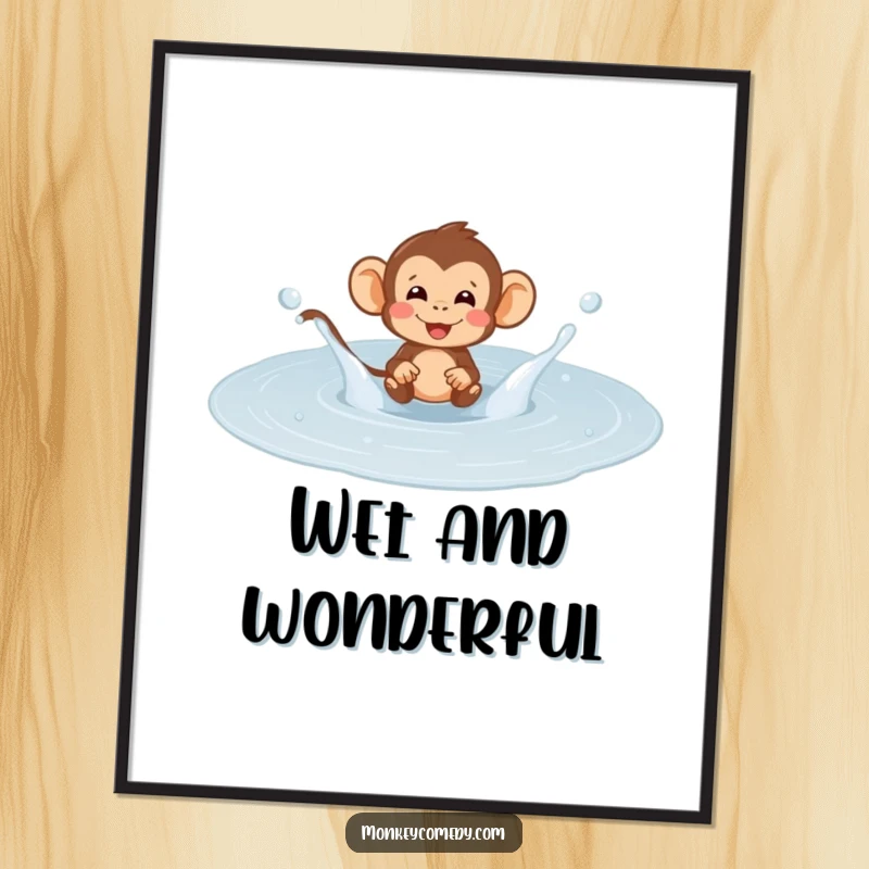 Funny monkey puddle splash digital art print, showing a primate ecstatically splashing in water, full of playful, happy energy.