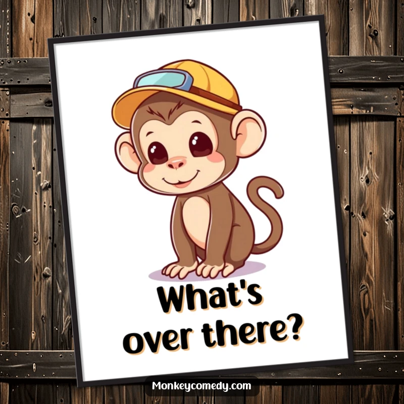 Funny kawaii monkey digital art print, explorer hat, looking around with wonder, high-resolution adventure art.