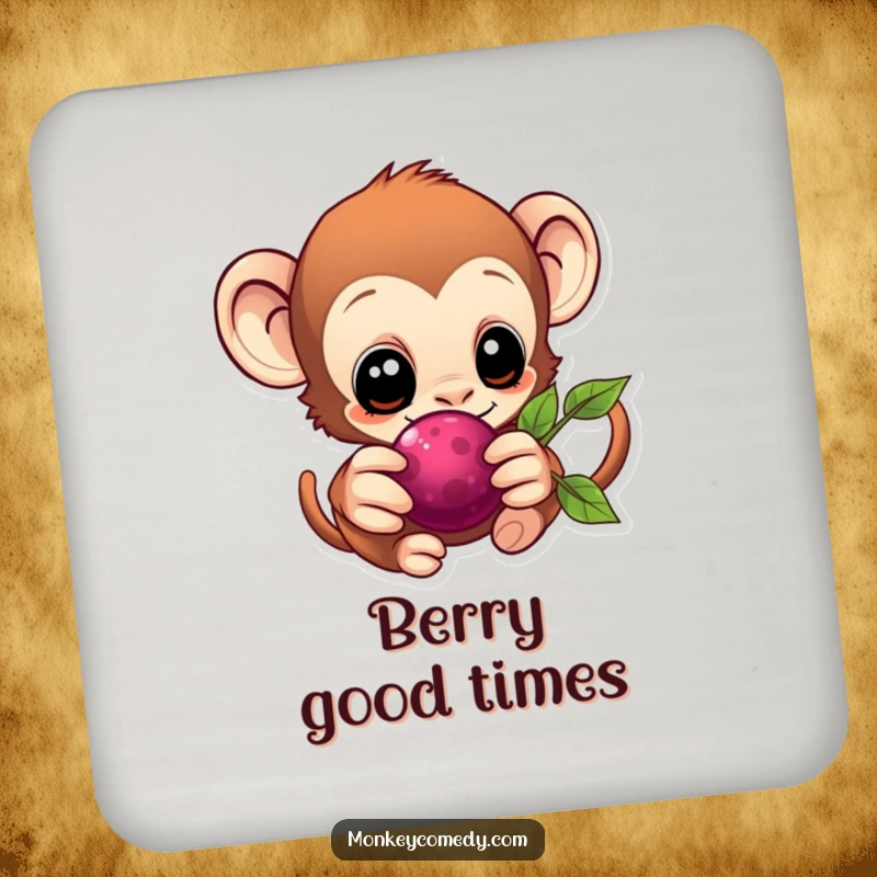 Charming Kawaii Monkey Coaster with an eager monkey reaching for a berry, protecting furniture.