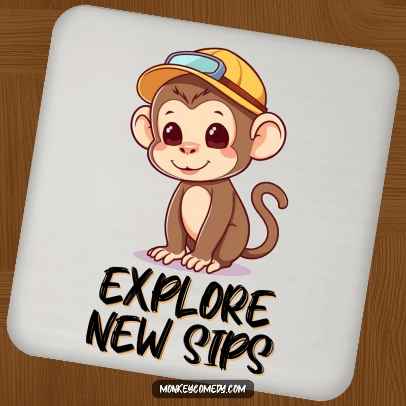 Funny kawaii monkey coasters, explorer hat, looking around curiously, absorbent and cute adventure decor.