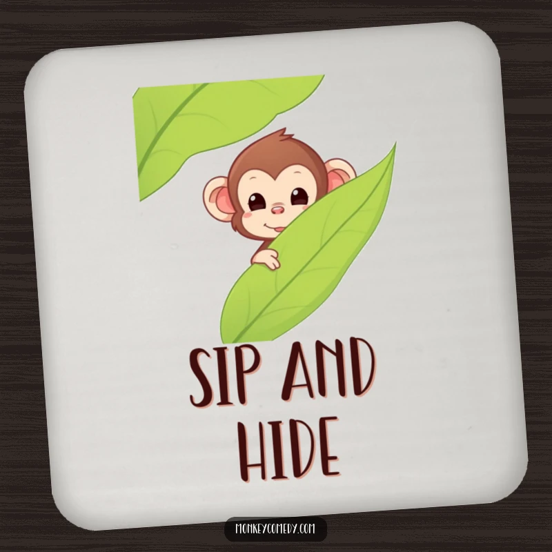 Funny Kawaii Monkey Coaster, protects furniture, features a monkey peeking from behind a leaf, adds quirky charm, perfect funny gift.