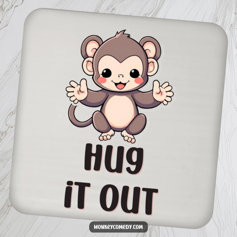 Funny Kawaii monkey with arms spread wide, inviting a hug, on a round drink coaster, protecting furniture.