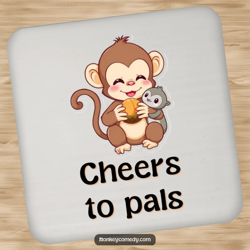 Funny Kawaii Monkey Coasters: Cute monkeys share nuts, protecting surfaces with adorable friendship and humor.