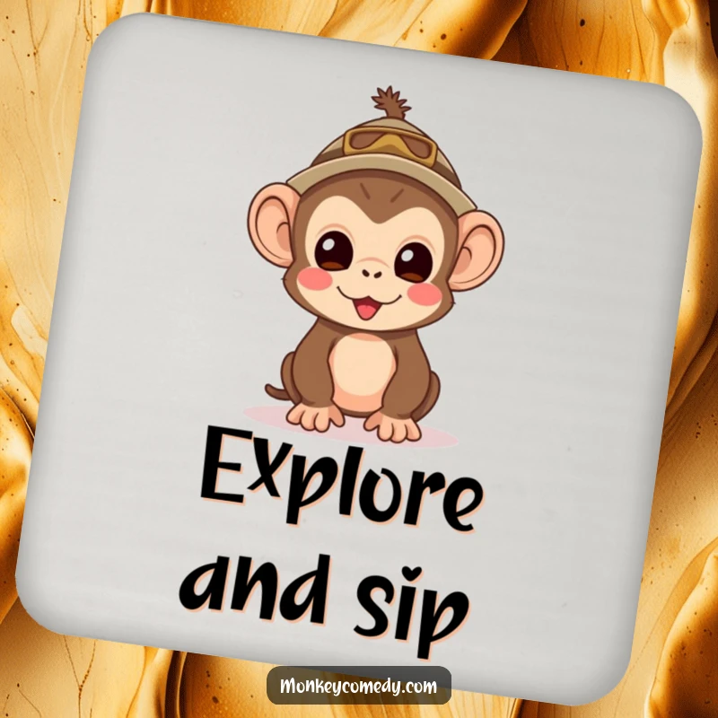 Funny Kawaii Monkey Explorer Coasters: A set of coasters with a cute monkey in an explorer hat, looking excited.