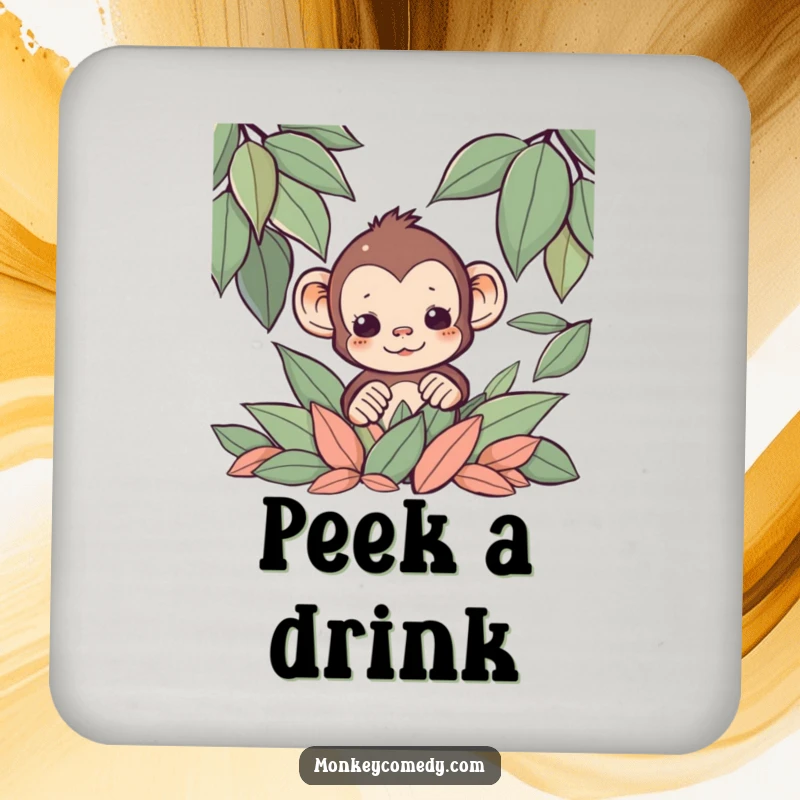 Funny Kawaii monkey peeking from leaves on a round drink coaster, protecting furniture with charm.