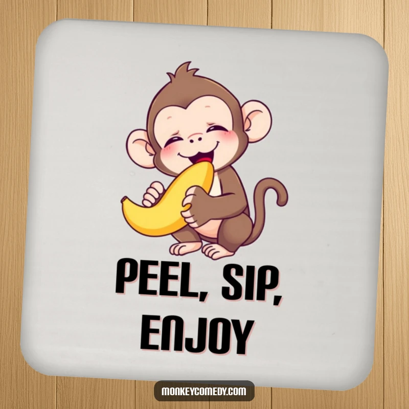 Funny monkey eyes closed in bliss, happily munching a banana, designed for a protective and funny drink coaster for a funny gift.