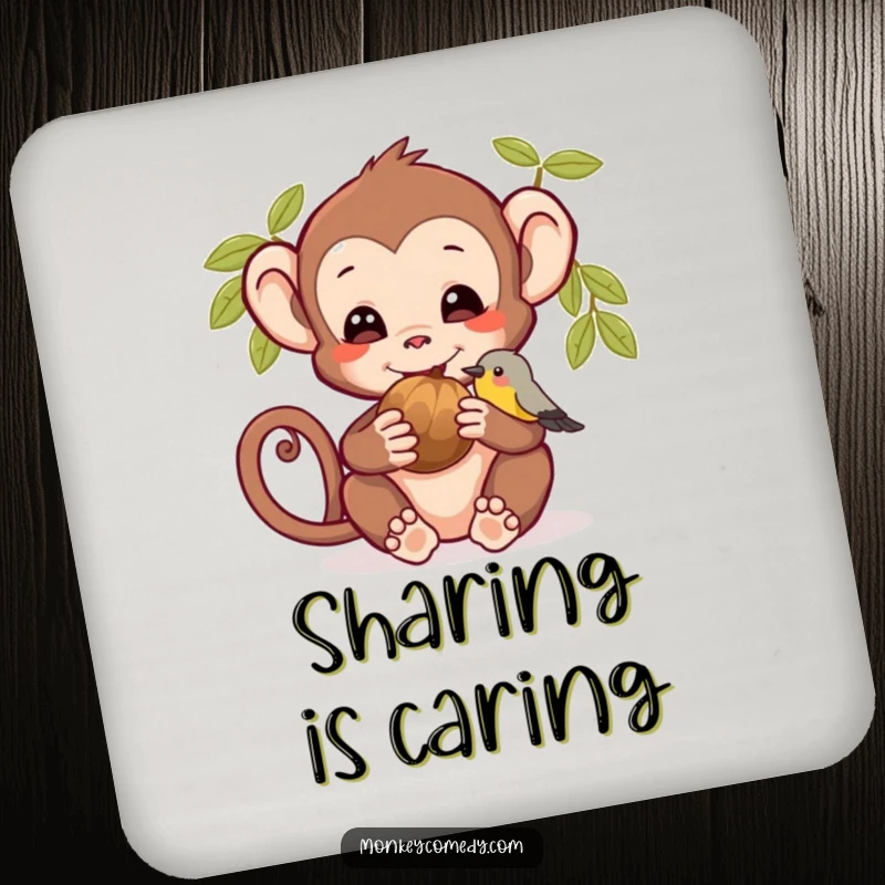 Funny coaster set showing a monkey and bird sharing a nut, a humorous and protective addition to your table.