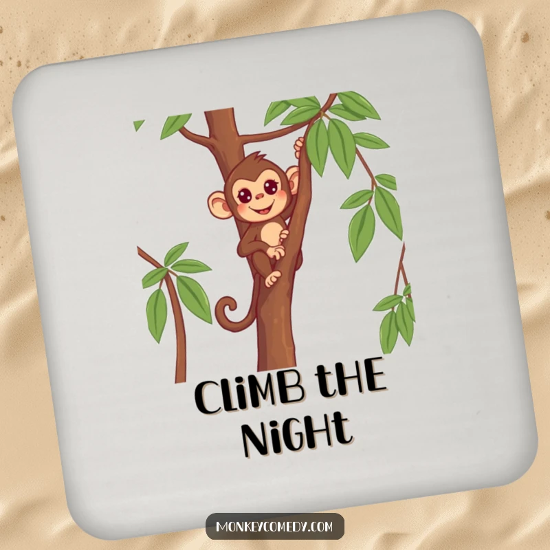 Funny Monkey Coaster featuring a determined primate climbing a tall, thin tree, for table protection.
