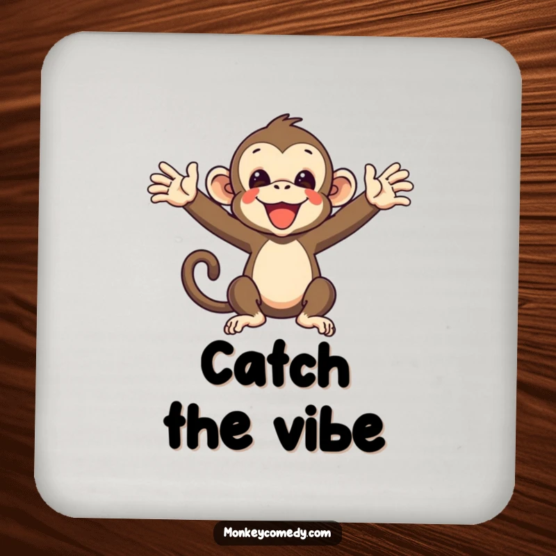 Funny Monkey Coaster featuring a primate with arms outstretched, ready to catch spills, offering practical humor.