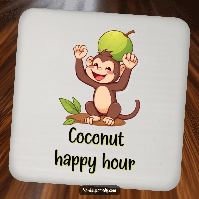 Funny Drink Coaster: A monkey grins while balancing a coconut on its head, a humorous image for surface protection.