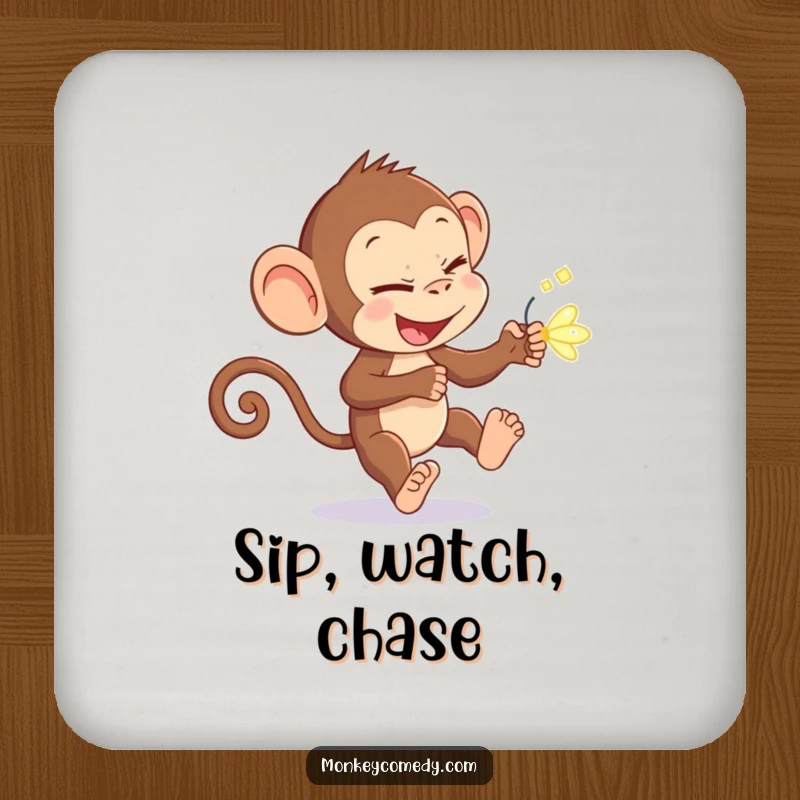Funny monkey with a mischievous glint, chasing a bright firefly, designed for a protective and funny drink coaster for a funny gift.