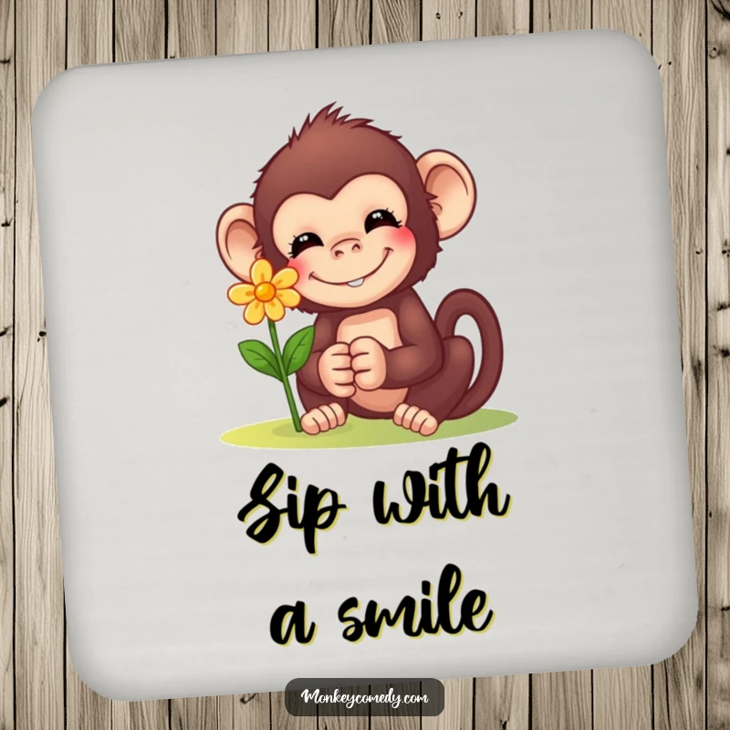 Funny Monkey Flower Coaster: Protects surfaces with a humorous depiction of a monkey offering a flower with a sweet smile, adding charm.
