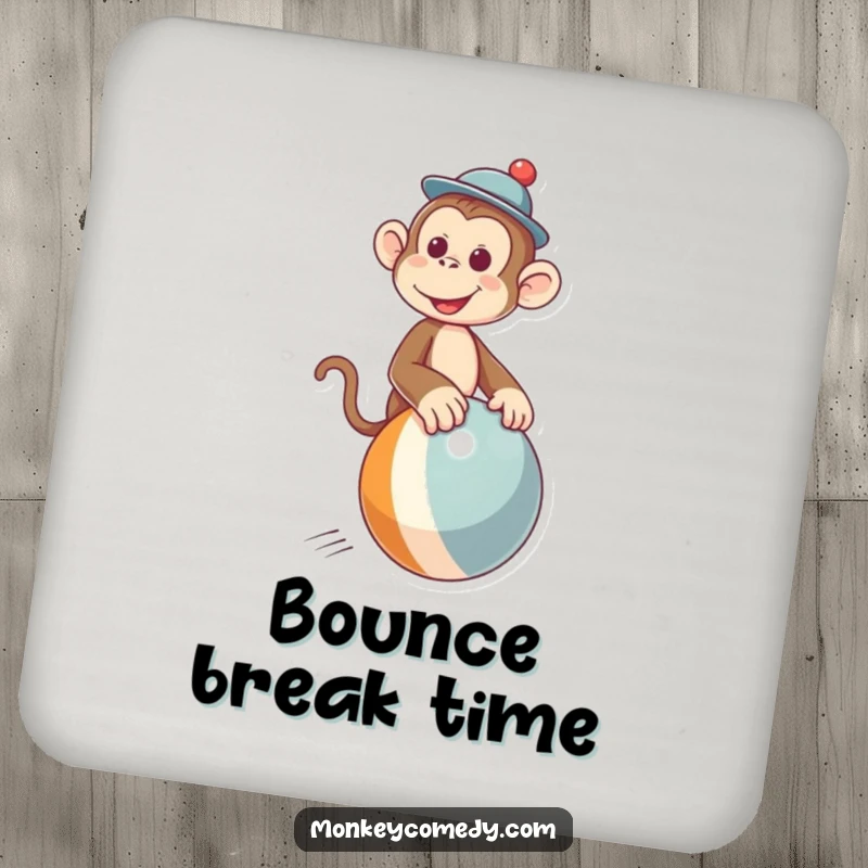 Funny coaster showcasing a delightful monkey in a tiny hat riding a bouncing ball, adding humor to your drink setup.