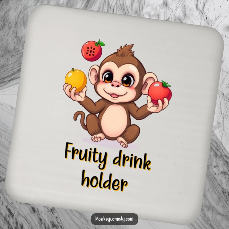 Funny monkey drink coasters featuring a curious monkey juggling colorful fruits, adding playful humor to your table.