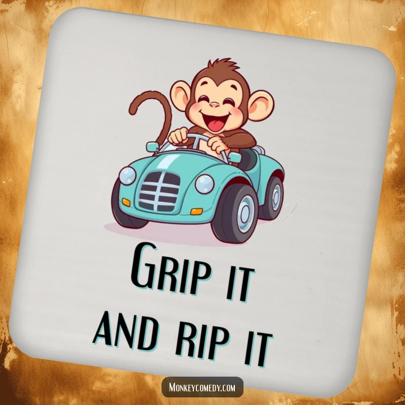 Funny monkey toy car race drink coaster, depicting a primate in a comical race, adding fun and protection to tables.