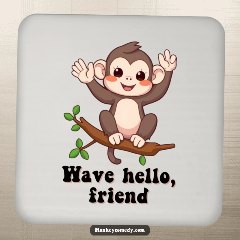 Funny drink coaster featuring a monkey on a branch waving playfully, bringing a friendly touch to drink protection.