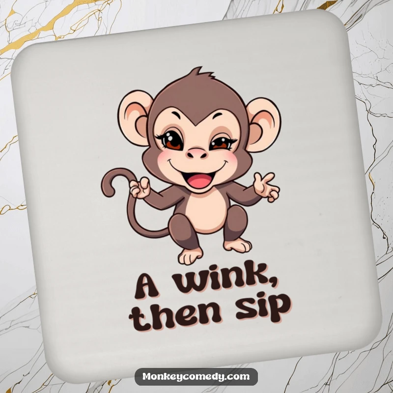 Funny drink coaster featuring a monkey giving a mischievous wink, bringing playful teasing to drink protection.