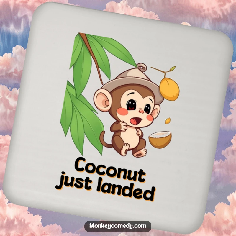 Funny surprised monkey drink coasters with a monkey in a hat looking shocked by a falling coconut, adding humor and preventing spills.