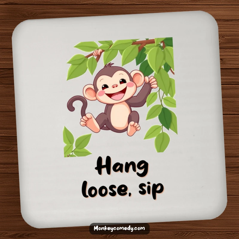 Funny kawaii monkey coasters, wide grin, swinging playfully, absorbent and cute jungle decor.