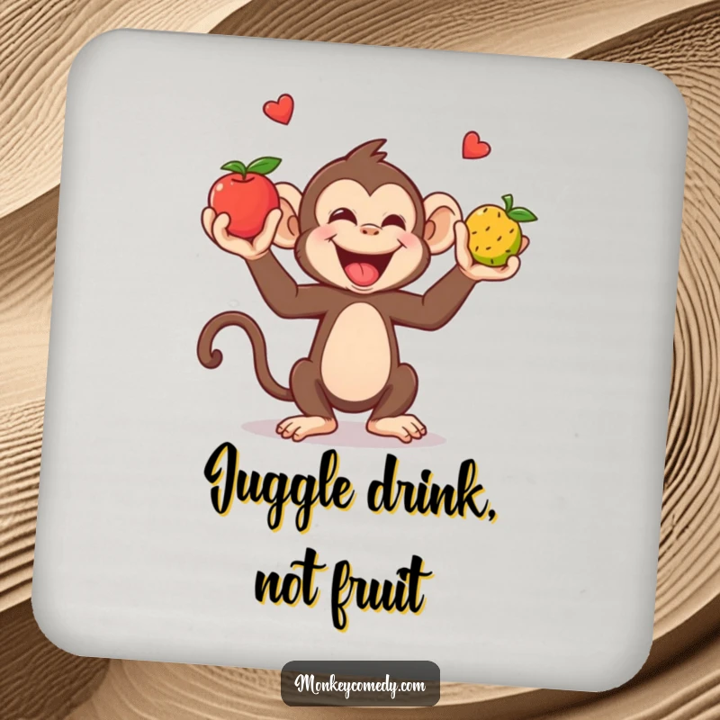 Funny Coaster: A giggling monkey juggles fruits with hands and feet, a fun protector.