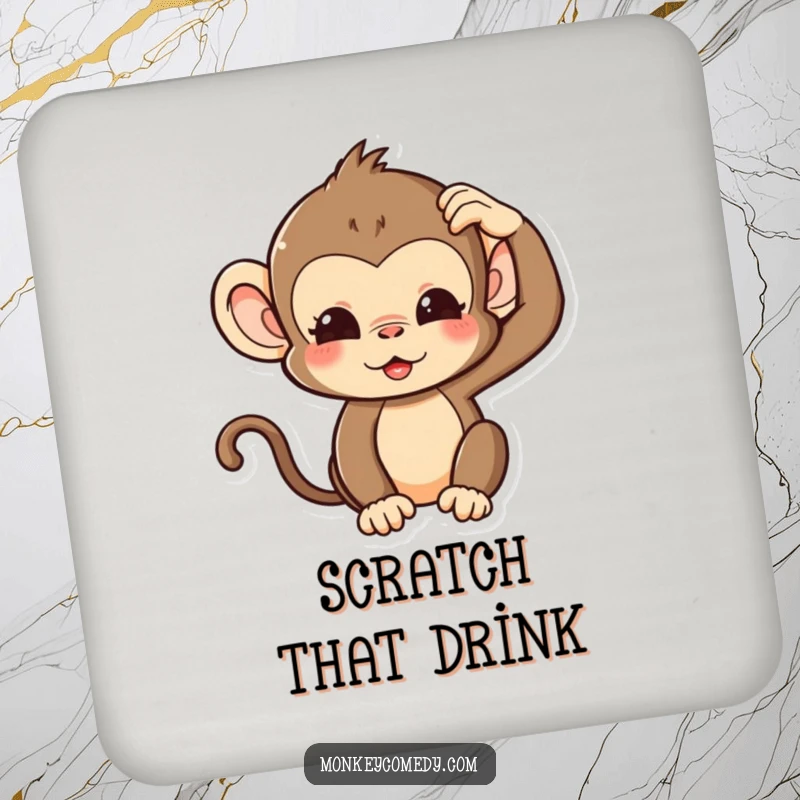 Funny Kawaii Monkey Drink Coaster with a cute monkey making a silly expression and scratching its head, for humorous table protection.