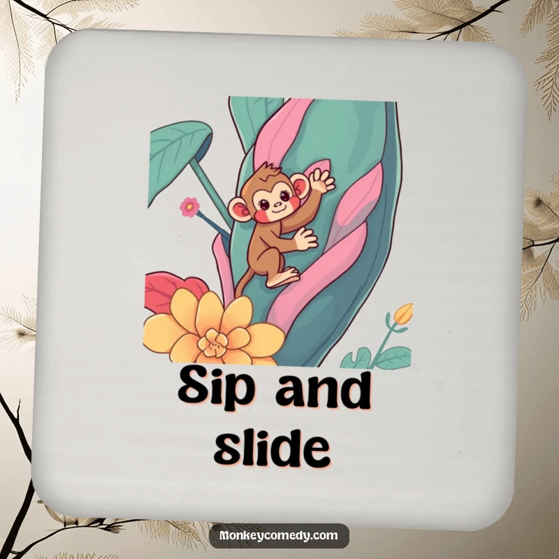 Funny Kawaii monkey coasters, cute primate humorously climbing a huge, vibrant plant, protect surfaces humorously, funny gift.