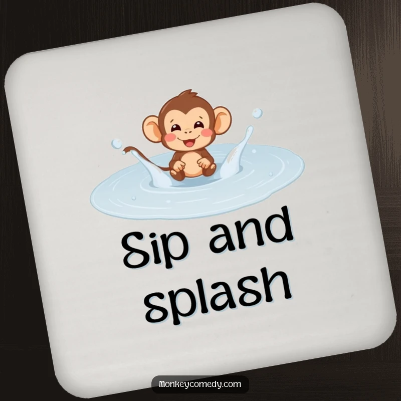 Funny monkey puddle splash drink coaster, depicting a primate joyfully creating splashes, adding humor to any table.