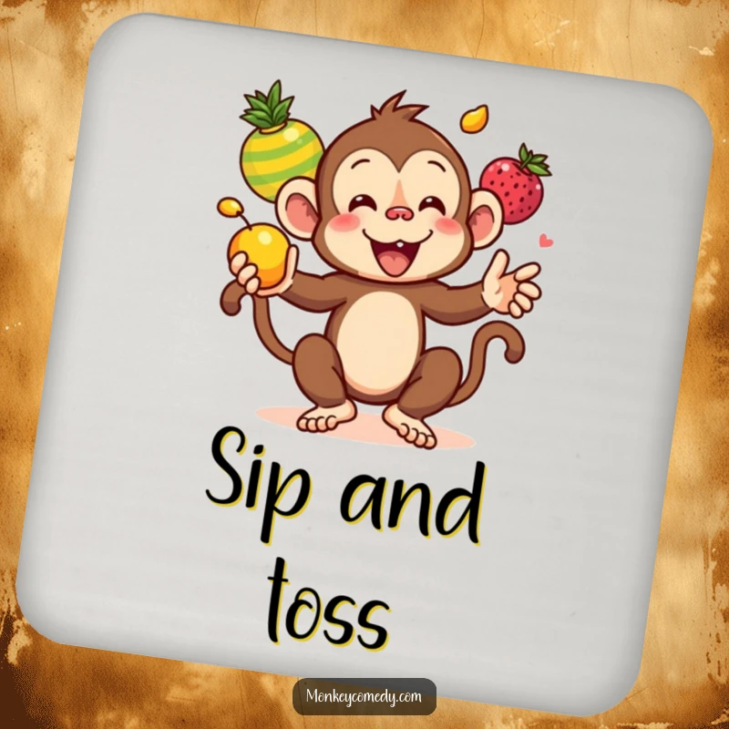 Funny Kawaii Monkey Juggling Colorful Fruits Coaster, a vibrant coaster depicting a cute monkey juggling healthy fruits, providing funny surface protection.