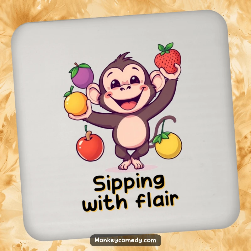 Funny monkey juggling fruits on a drink coaster, great for gifts.