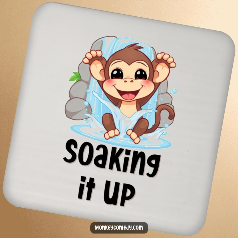 Funny drink coasters showcasing a happy monkey splashing water from a waterfall, adding a refreshing and amusing touch to tabletops.