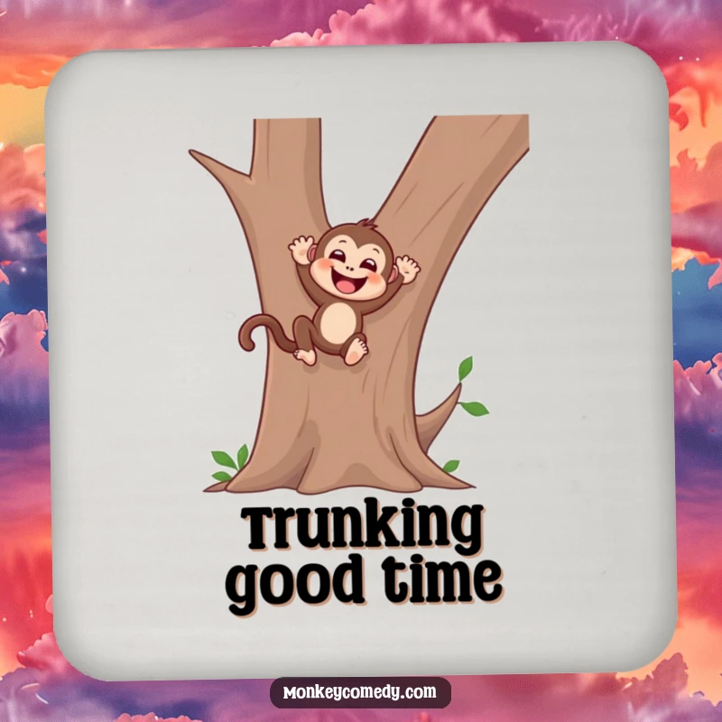 Funny monkey drink coaster featuring a gleeful monkey sliding down a tree trunk, protecting surfaces with jungle humor.