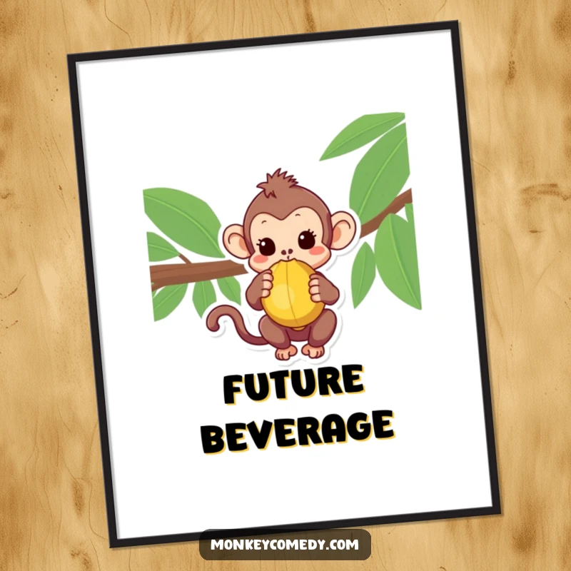 Adorable Kawaii Monkey Poster capturing a curious monkey examining a coconut, ideal for jungle-themed decor.