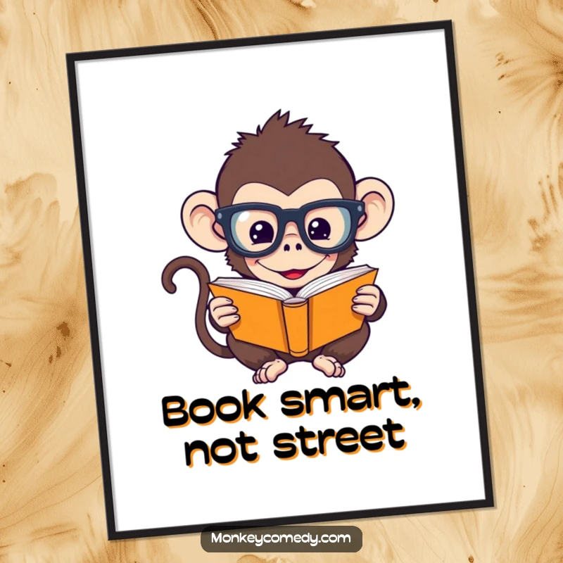Funny Monkey Poster: A humorous monkey with oversized glasses reads a tiny book, adding intellectual and funny decor.