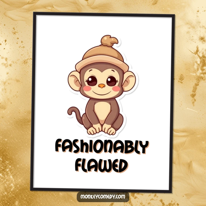 Funny Kawaii Monkey Poster: A cute monkey wears a tilted hat, exuding quirky charm and adorable artistic flair.